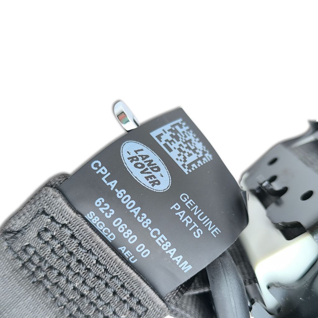 Cintura di sicurezza Land Rover con riavvolgitore OEM LR076619, componente di sicurezza per veicoli Land Rover, in colore nero.