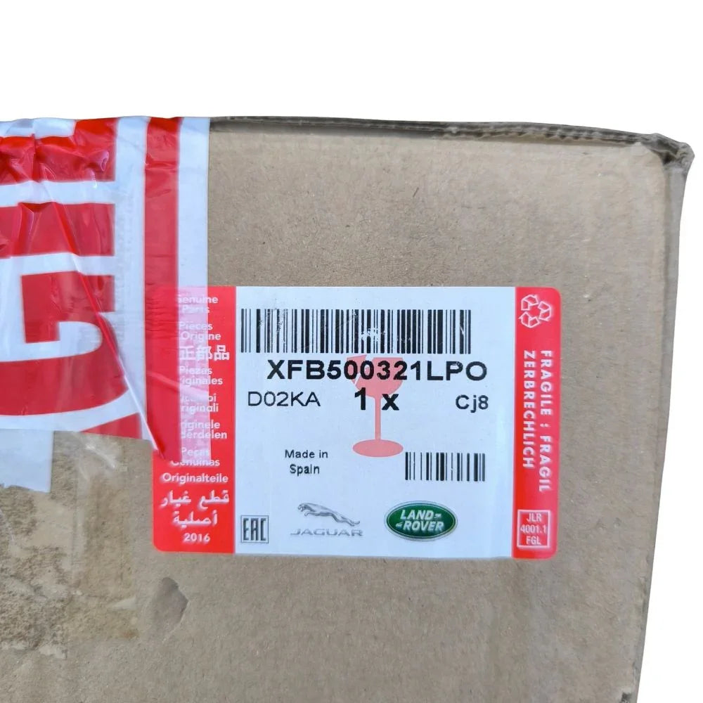 Etichetta ricambio originale land rover xfb500321lpo su scatola, codice e logo visibili