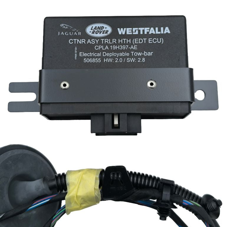 Componenti kit elettrico gancio traino land rover oem vplwt0122, vista frontale del connettore e parti elettriche